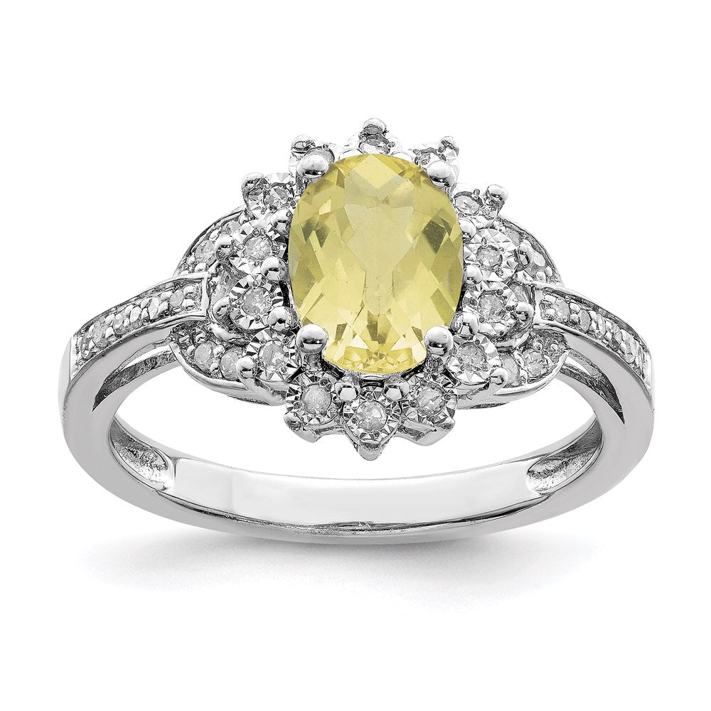 Sterling Silver Rhodium Diam. & Oval Checker-Cut Lemon Quartz Ring
