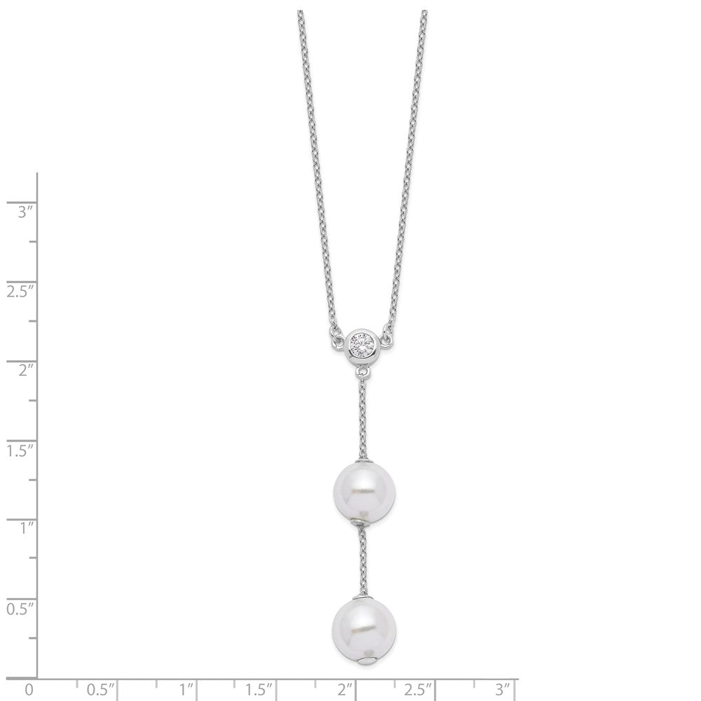 Majestic Sterling Silver Rhodium-plated 10-11mm White Imitation Shell Pearl CZ Y-Drop Spring Ring Clasp 18 inch Necklace 18 Inches