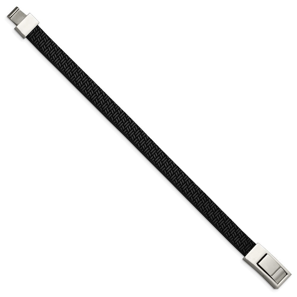 Stainless Steel Polished Textured Black Leather 8.5in Bracelet 8.5 inches