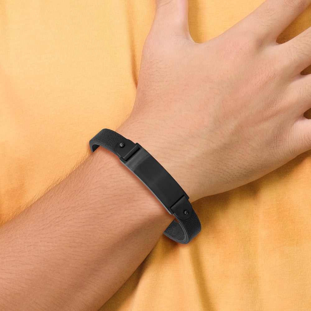 Stainless Steel Brushed Black IP-plated Black Leather 8.5in ID Bracelet 8.5 inches