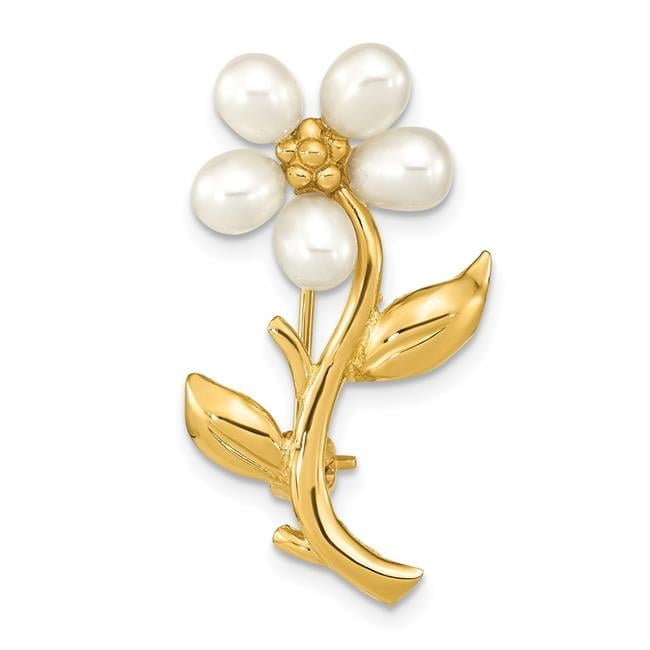 Primal Gold 14 Karat Yellow Gold 4-5mm Rice White Freshwater Cultured Pearl Flower Brooch