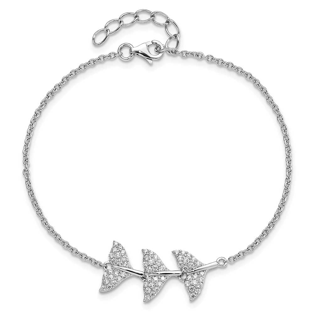 Sterling Silver Rhodium-plated CZ Whale Tail w/ 1inch Bracelet