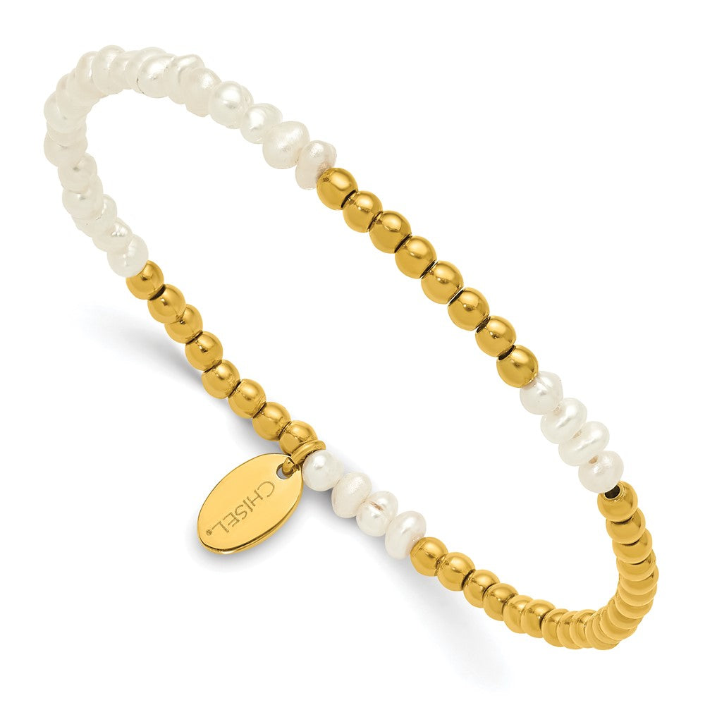 Chisel Stainless Steel Polished Yellow IP-plated 3mm White Freshwater Cultured Pearl Beaded 6.5 inch Stretch Bracelet 6.5 inches