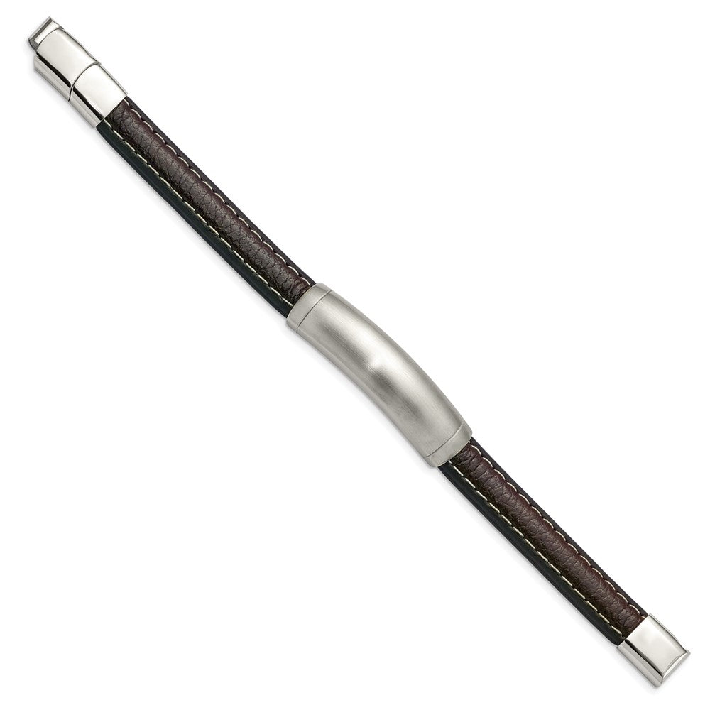 Stainless Steel Brushed Dark Brown Leather 8in w/.5in ext. ID Bracelet 8 inches