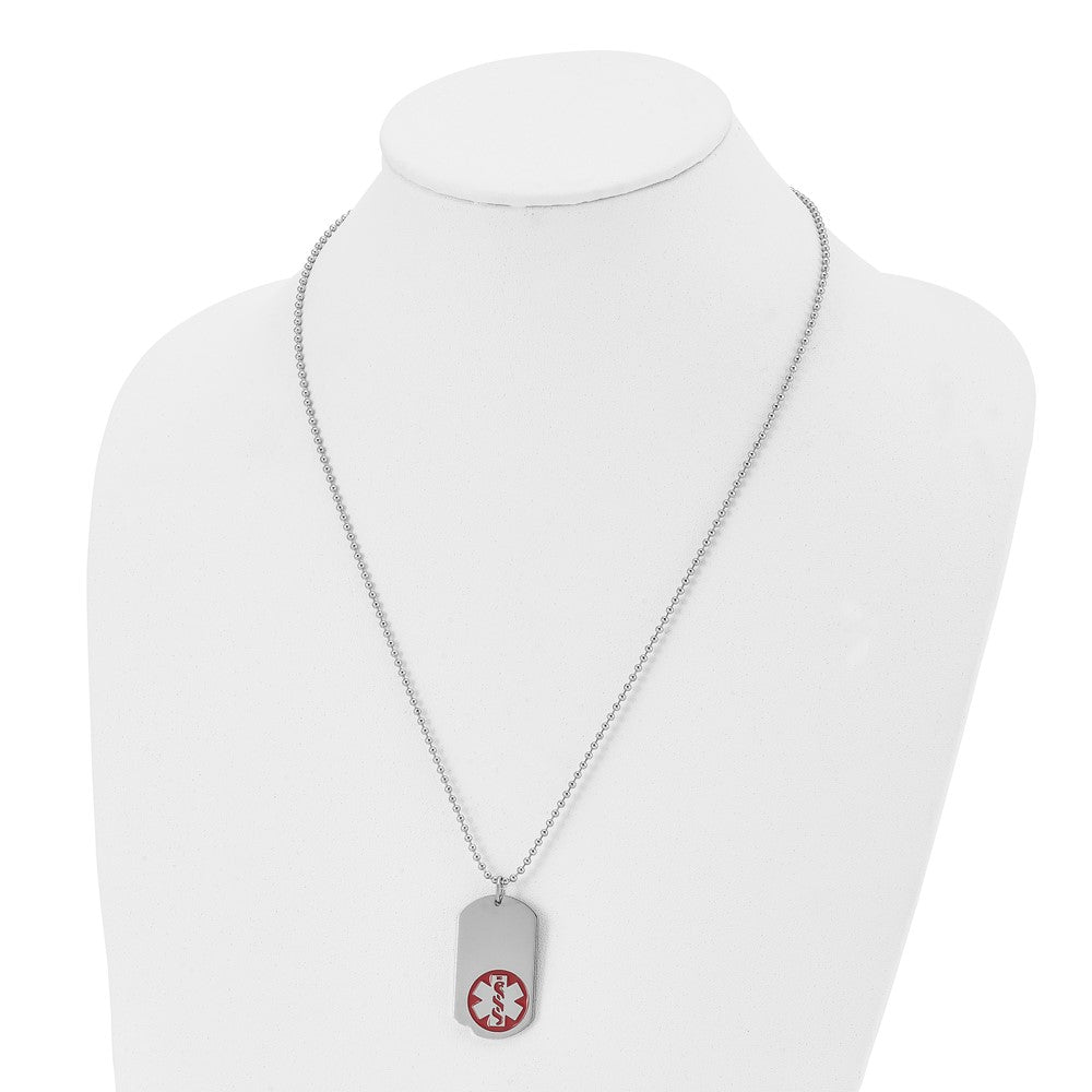 Stainless Steel Polished w/Red Enamel Medical ID 22in Necklace