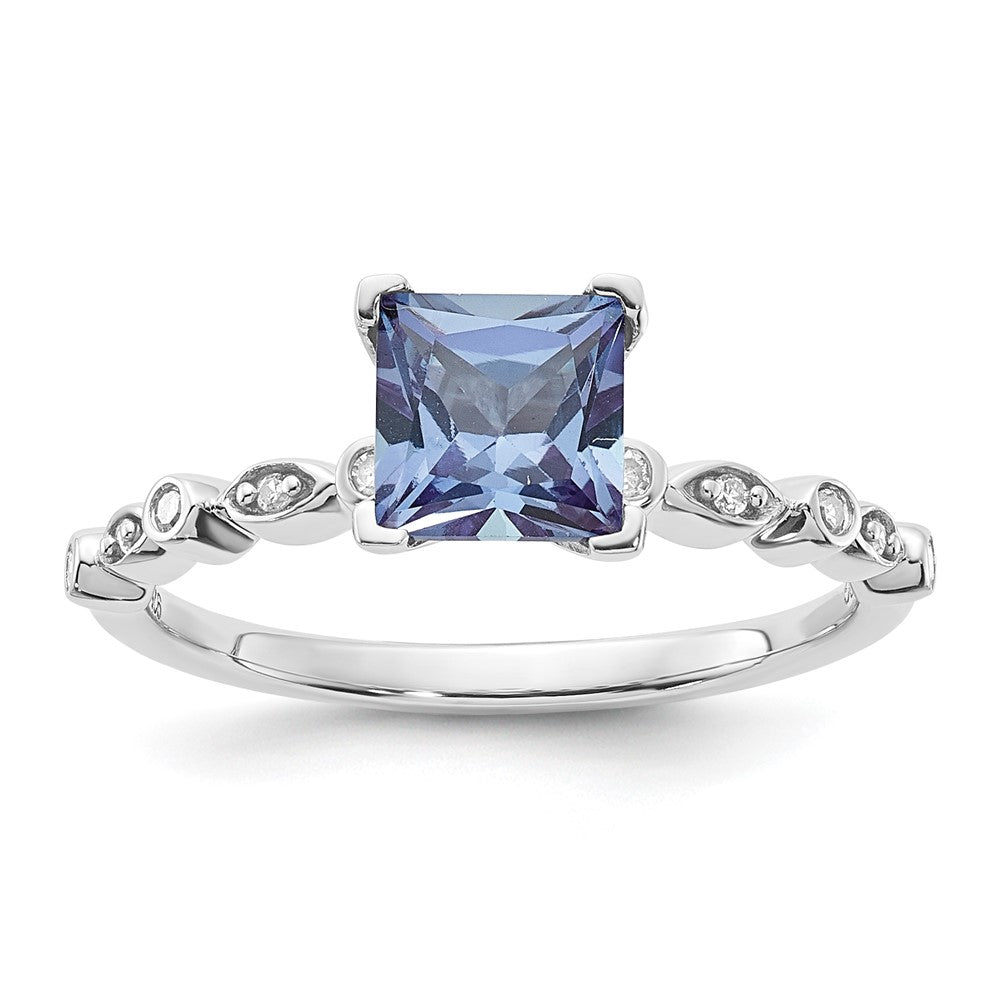 Sterling Silver Polished 6mm Cr Alexandrite and Diamond Ring