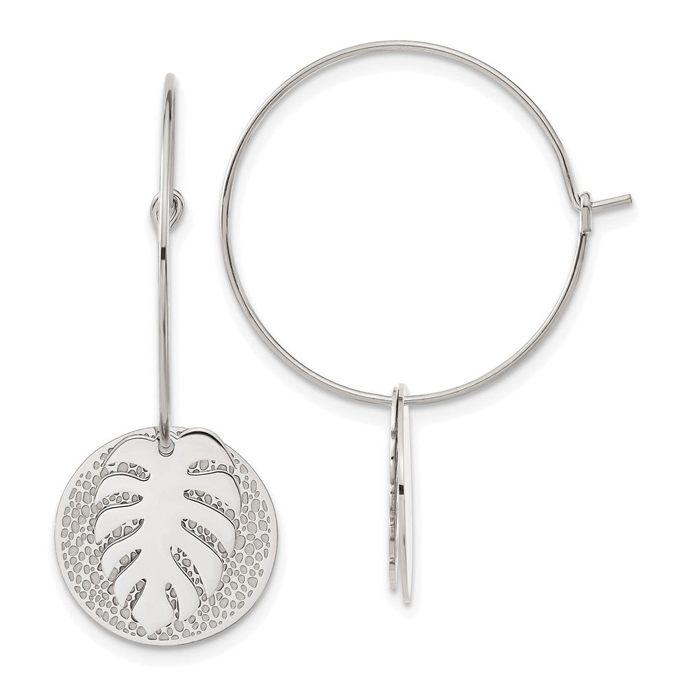 Stainless Steel Polished Textured Circle with Leaf Dangle Hoop Earrings