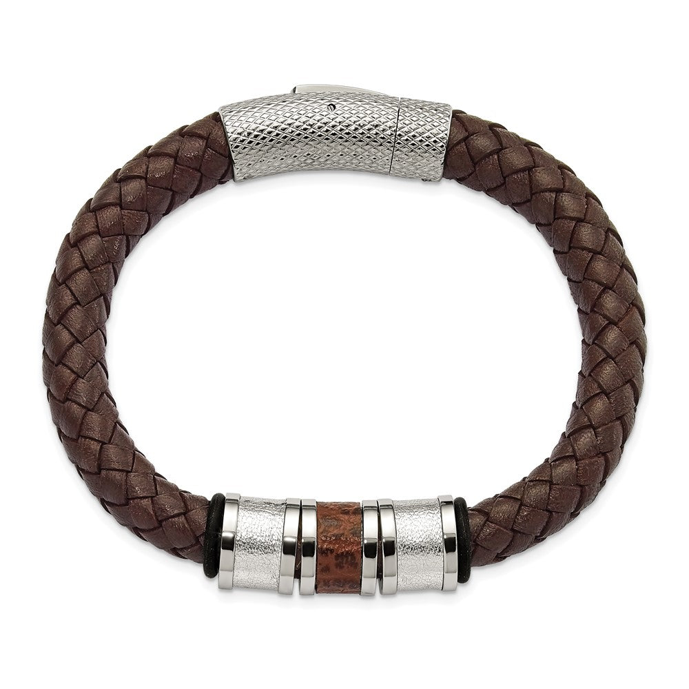 Stainless Steel Polished Brown Leather Black Rubber 8.25in Bracelet 8.25 inches