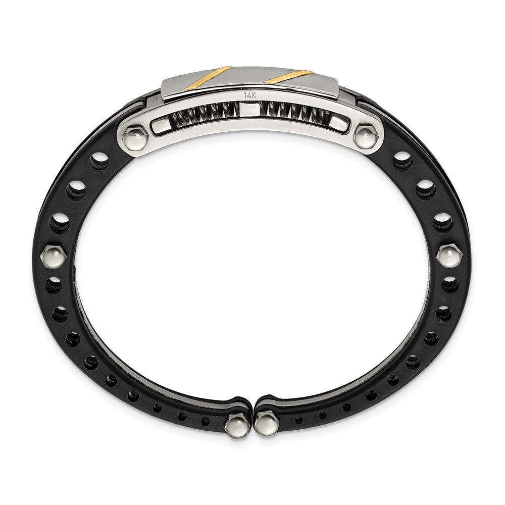Stainless Steel Polished w/Black PVC & 14k Yellow Inlay Hinged Bangle