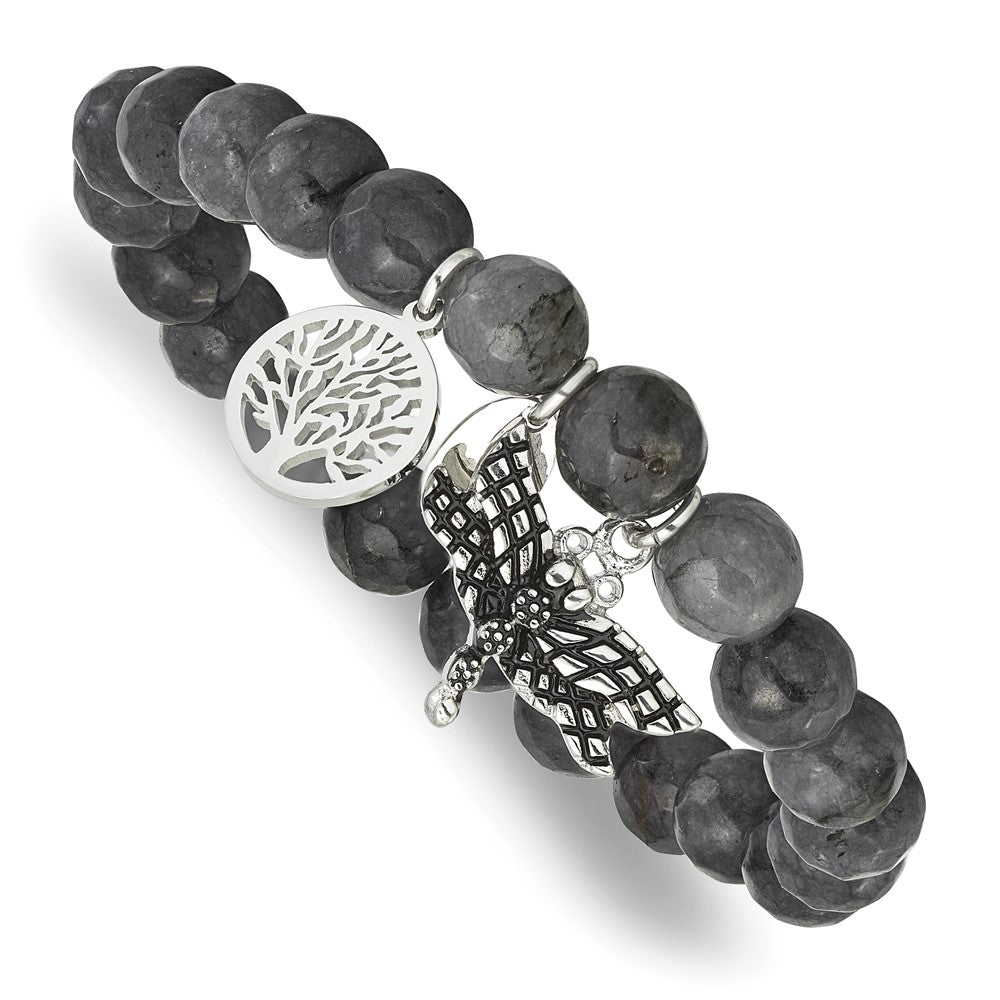 Stainless Steel Antiqued & Polished Dragonfly Grey Dyed Jade Bracelet 6 inches