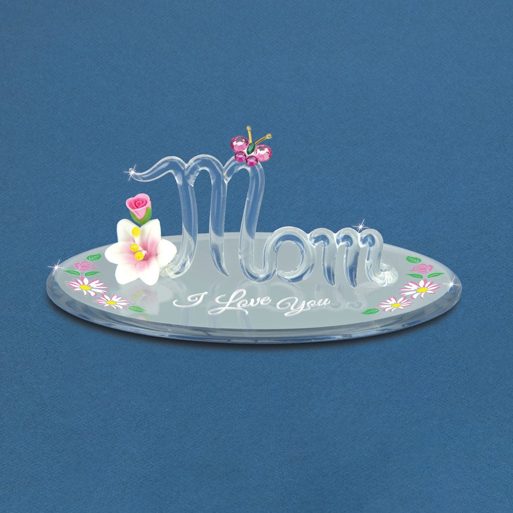 Glass Baron Handcrafted Mom I Love You with Flower Glass Figurine
