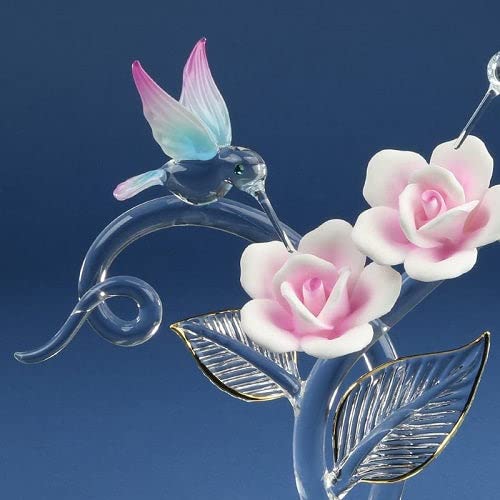 Fashion Hummingbirds, Rose Garden Glass Figurine (3.5 X 8.5) Made In China gm19275