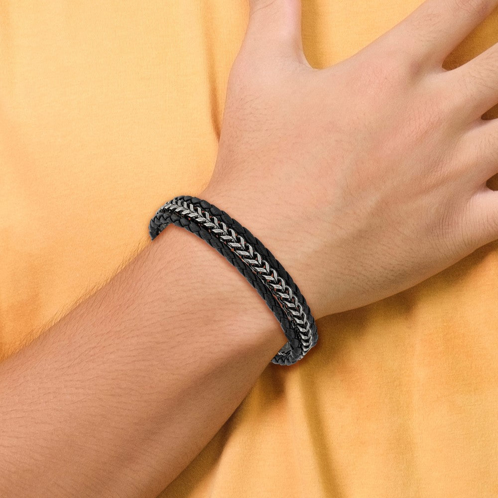 Stainless Steel Antiqued & Brushed Blk Leather 8.25in w/.5in ext Bracelet 8.25 inches