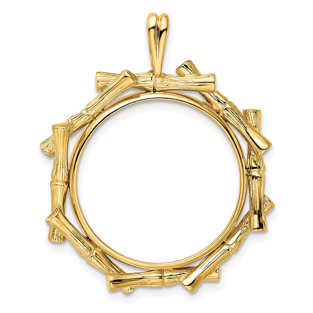 Wideband Distinguished Coin Jewelry 14k Polished and Textured Overlap Bamboo 22.0mm Prong Coin Bezel Pendant
