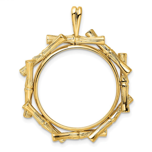 Wideband Distinguished Coin Jewelry 14k Polished and Textured Overlap Bamboo 22.0mm Prong Coin Bezel Pendant