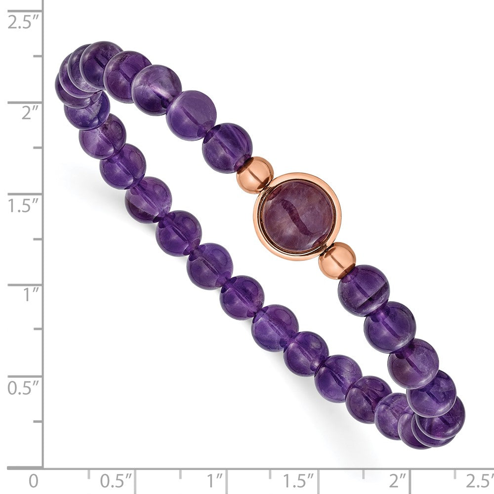 Chisel Stainless Steel Polished Rose IP-plated 6.5mm Amethyst Beaded 7 inch Stretch Bracelet 7 inches
