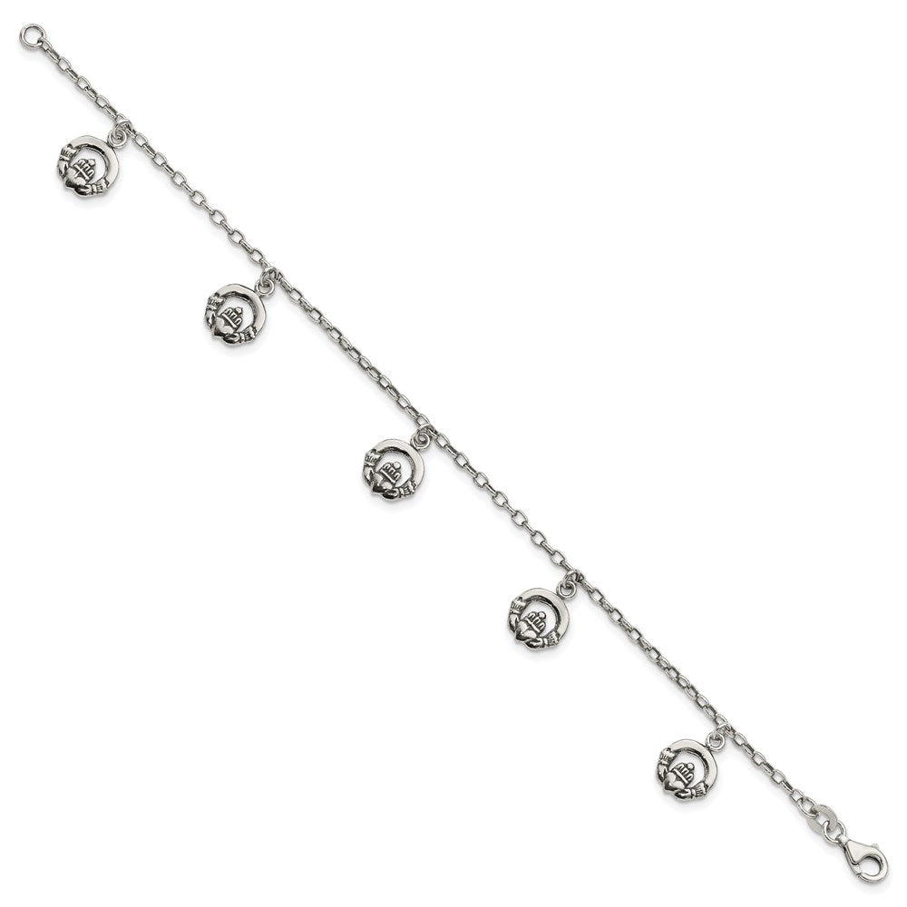 Sterling Silver Antiqued Claddagh Bracelet 7 inches
