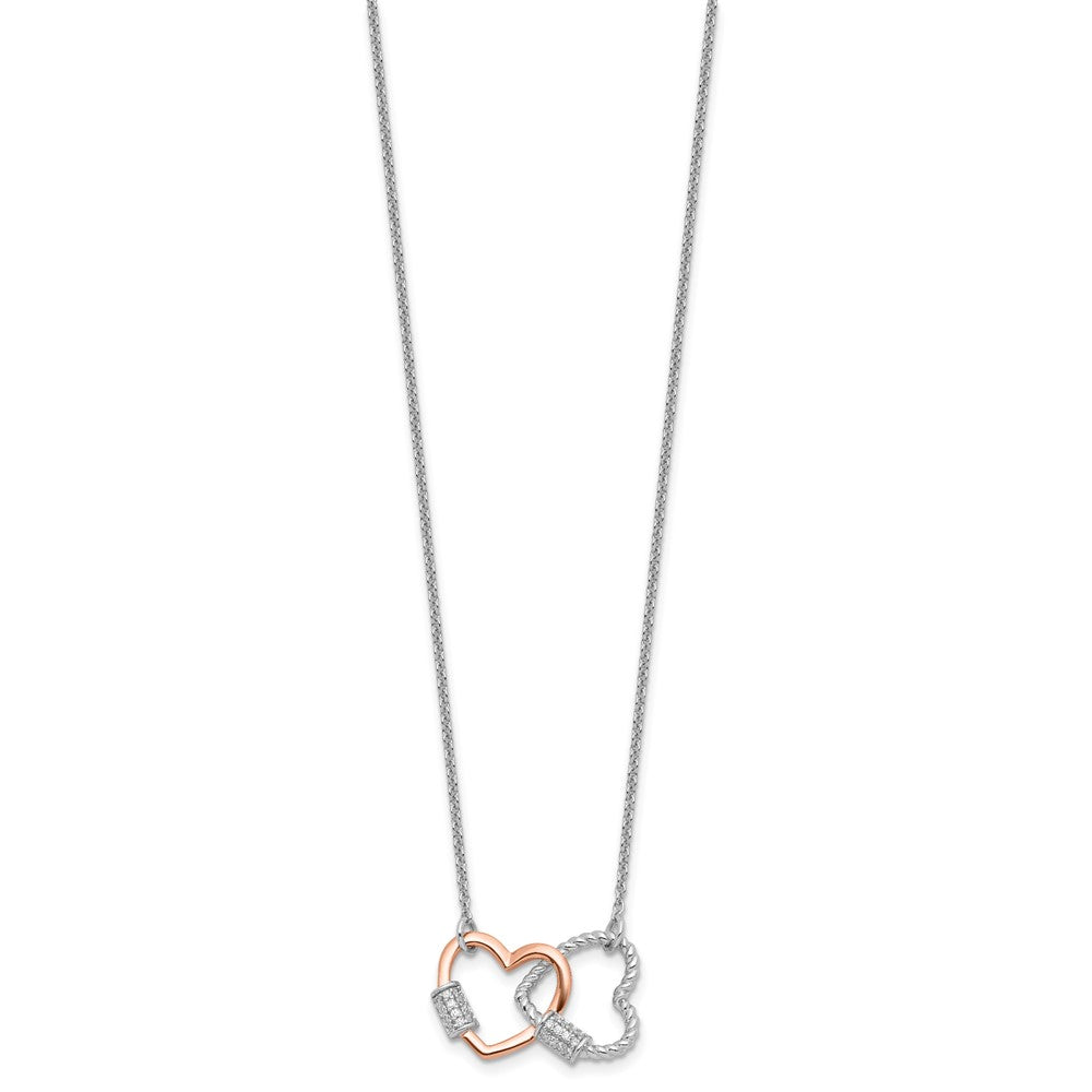 Sterling Silver Rh-plated Rose-tone Double Heart CZ w/2in ext Necklace 16 Inches
