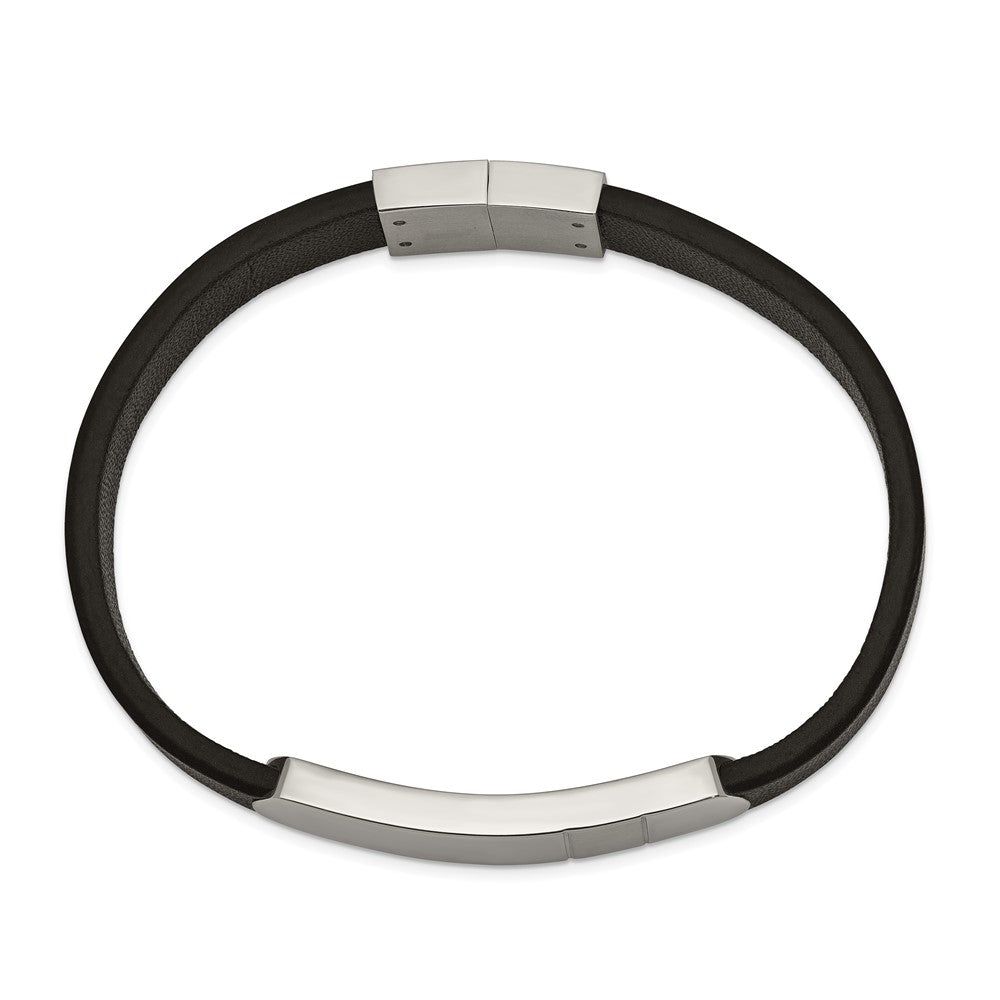 Stainless Steel Brushed and Polished Black Leather 8.5in ID Bracelet 8.5 inches