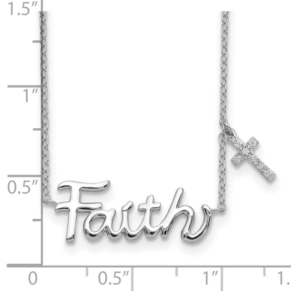 Sterling Silver Rhodium-plated FAITH w/CZ Cross Charm Necklace 18 Inches