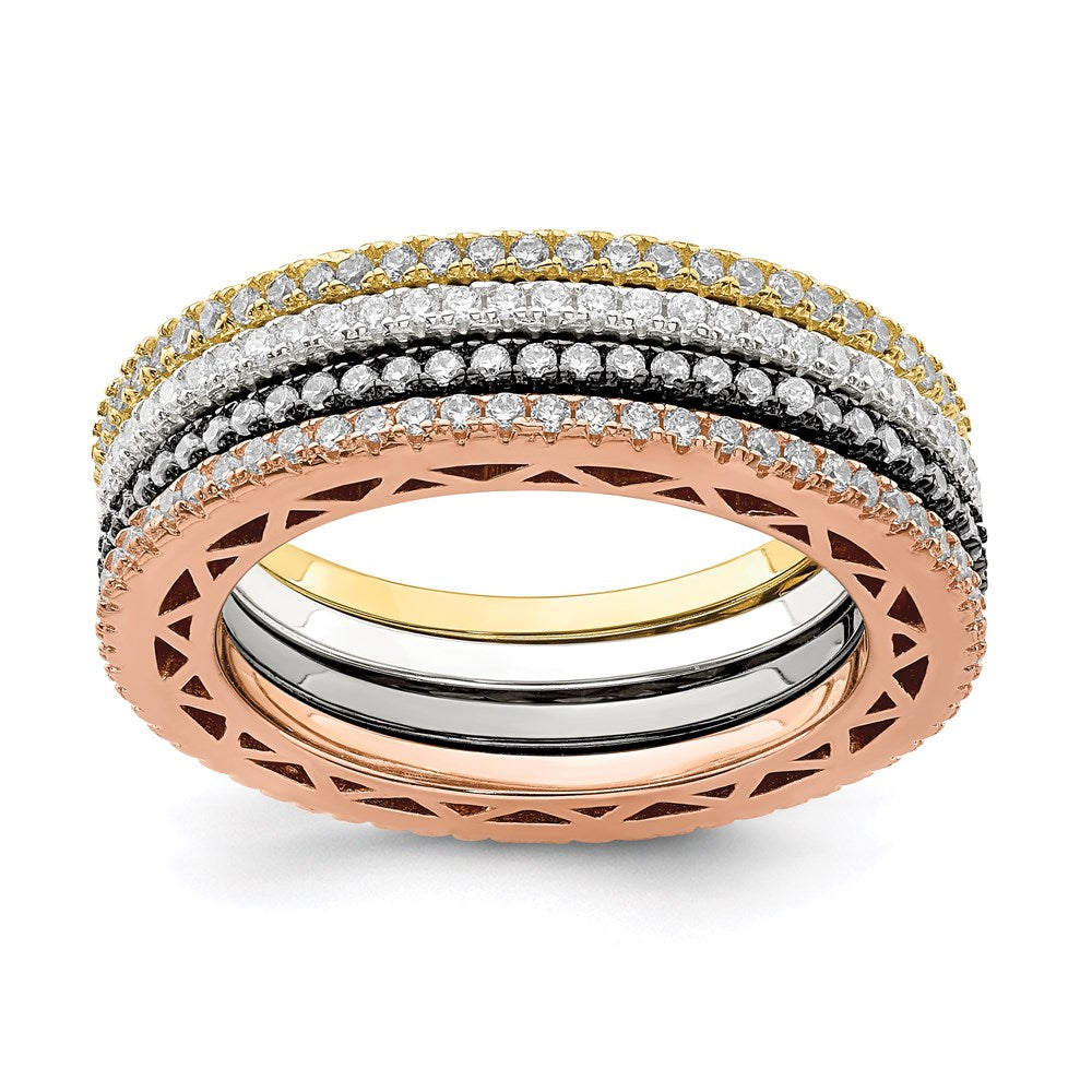 Sterling Silver & Rose, Gold, & Black-tone CZ 4 Band Set