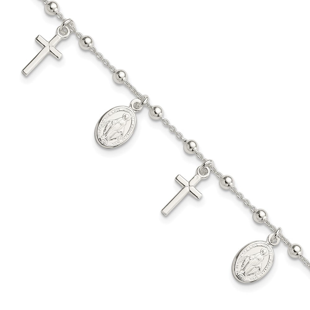 Sterling Silver Polished w/1in ext Cross Miraculous Medal Bracelet 6.25 inches