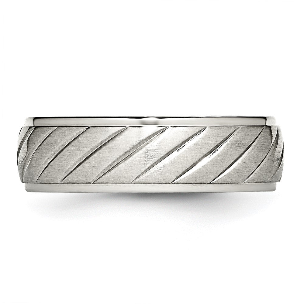 Stainless Steel Polished w/Brushed Center 7mm Grooved Band Size - 12.5