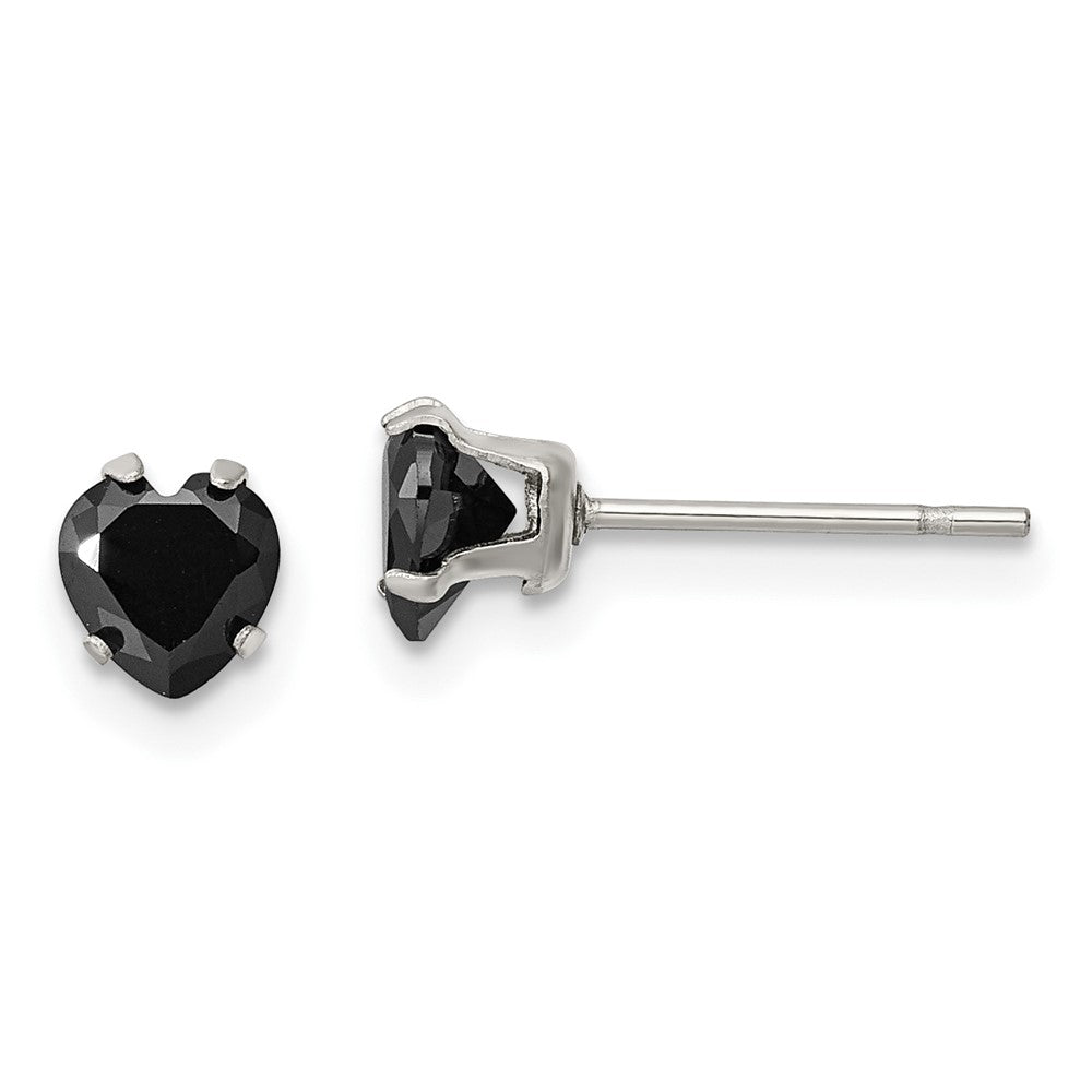 Stainless Steel Polished 5mm Black Heart CZ Stud Post Earrings