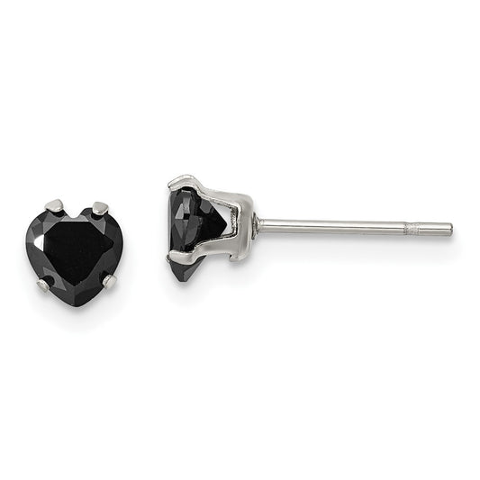 Stainless Steel Polished 5mm Black Heart CZ Stud Post Earrings