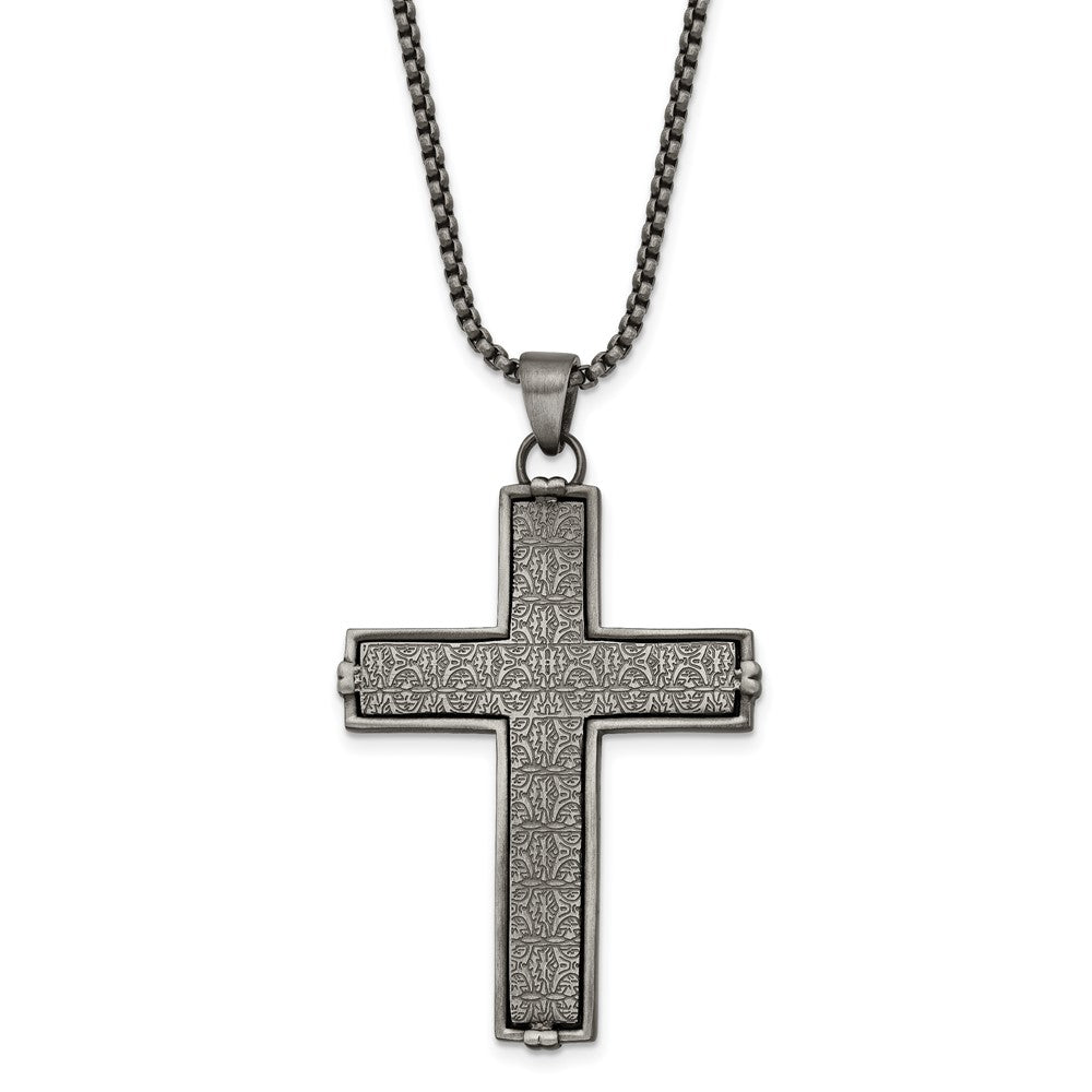 Stainless Steel Antiqued Textured Cross 24in Necklace