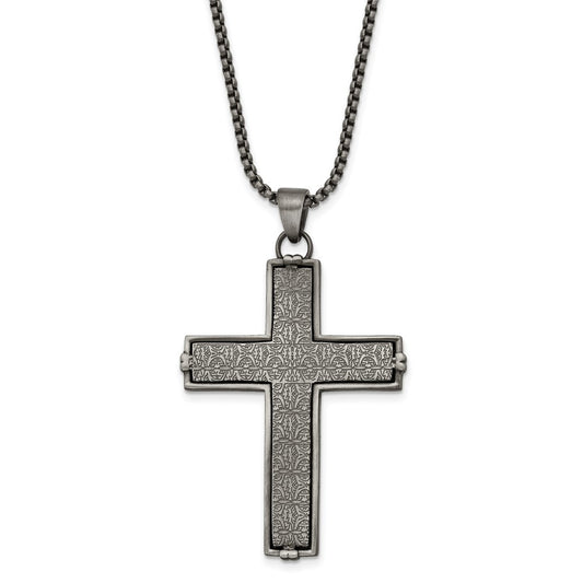 Stainless Steel Antiqued Textured Cross 24in Necklace