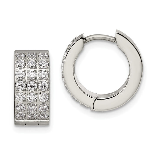 Stainless Steel Polished with 3 Rows of CZ 2.4mm Hinged Hoop Earrings