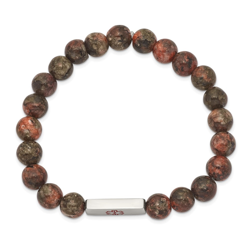 Stainless Steel Polished Enamel Medical ID Poppy Jasper Stretch Bracelet