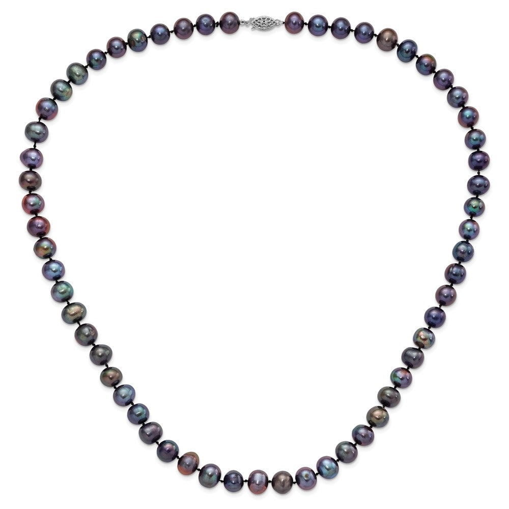 Sterling Silver Rhodium-plated 9-10mm Black Near-Round Freshwater Cultured Pearl 24 inch Necklace 24 Inches