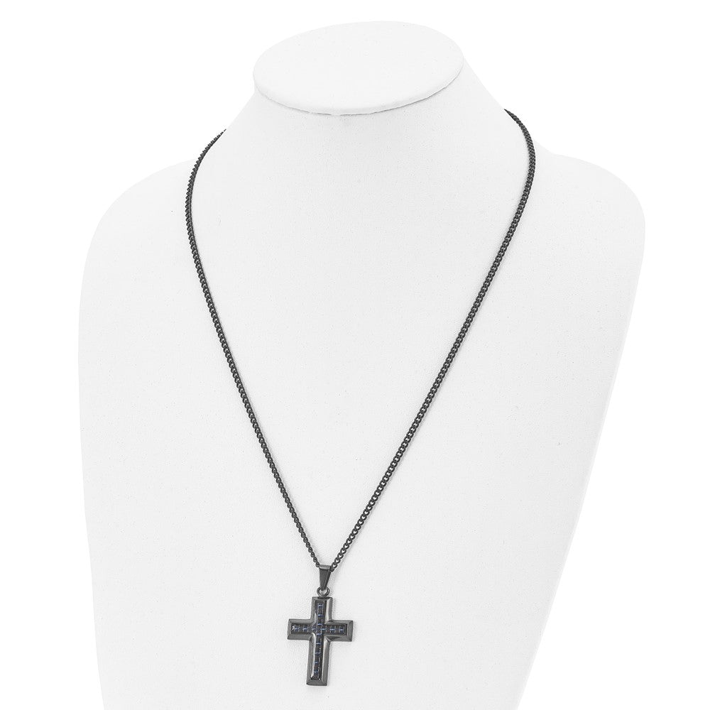 Stainless Steel Polished Black IP w/Blue Carbon Fiber Inlay Cross Necklace