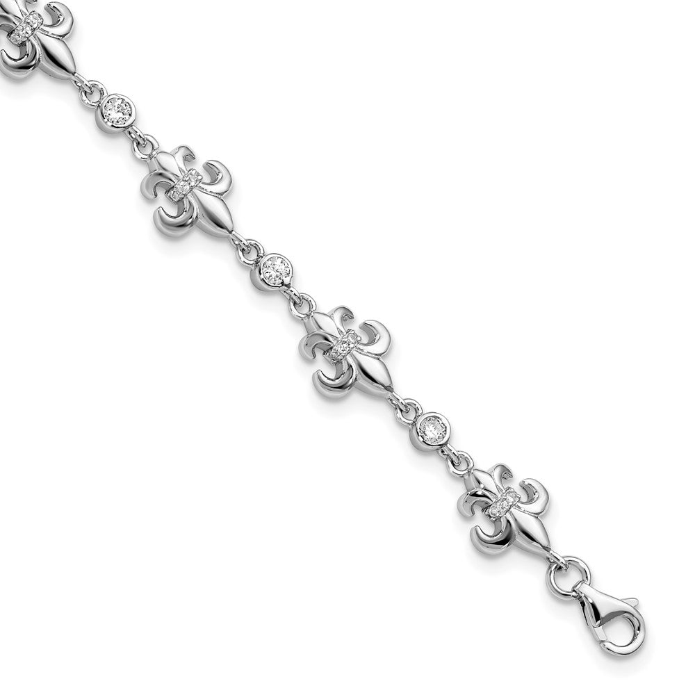 Sterling Silver Rhodium-plated CZ Fleur de Lis w/ 1in ext. Bracelet 8 inches