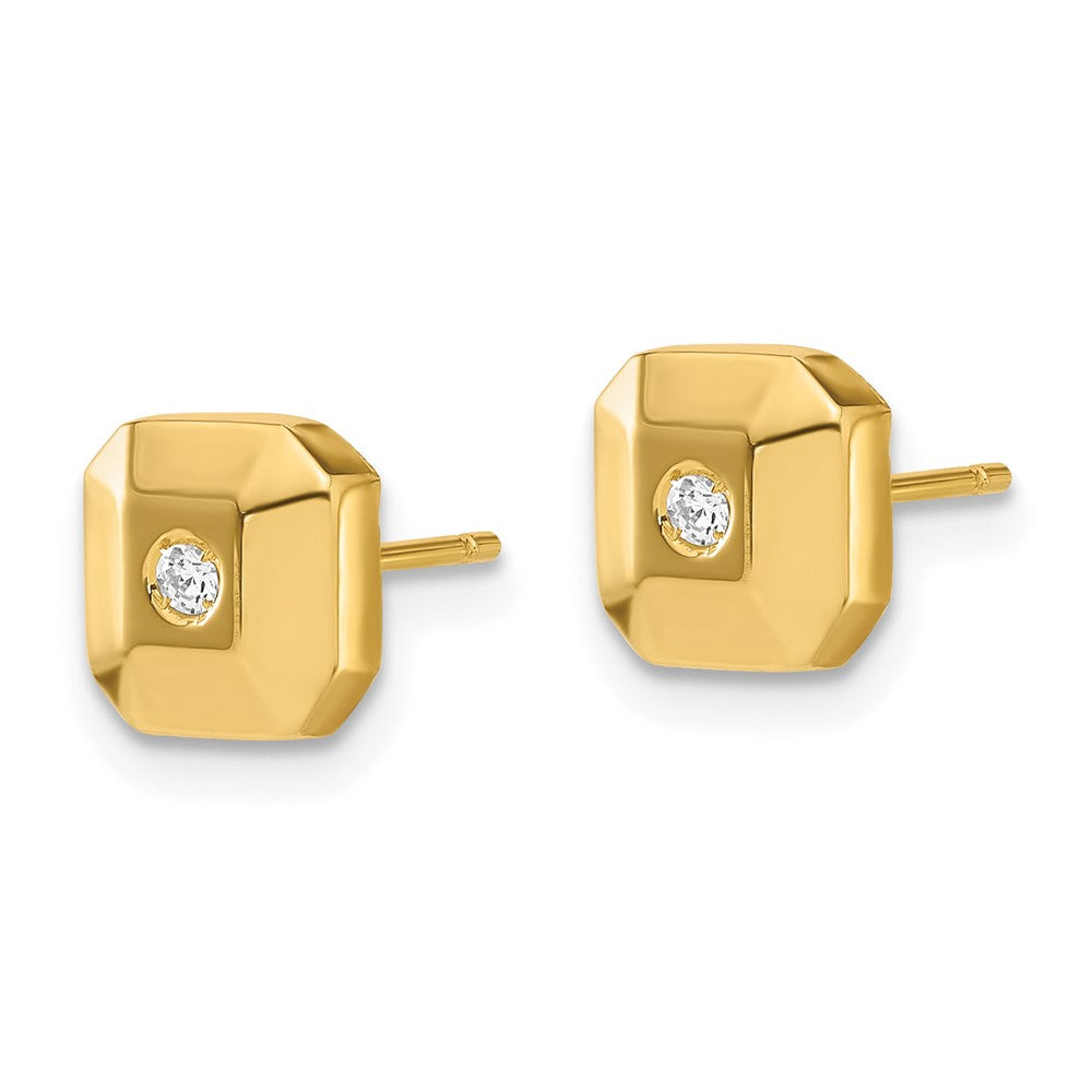 14ky Polished Faceted Square with CZ Post Earrings