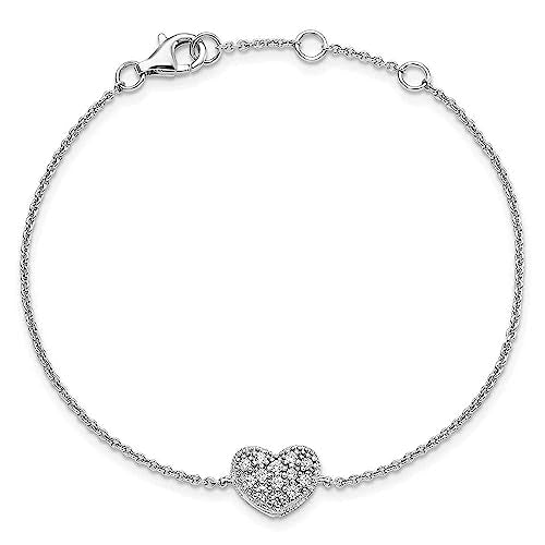 Sterling Silver Rhodium-plated CZ w/1in ext Heart Bracelet