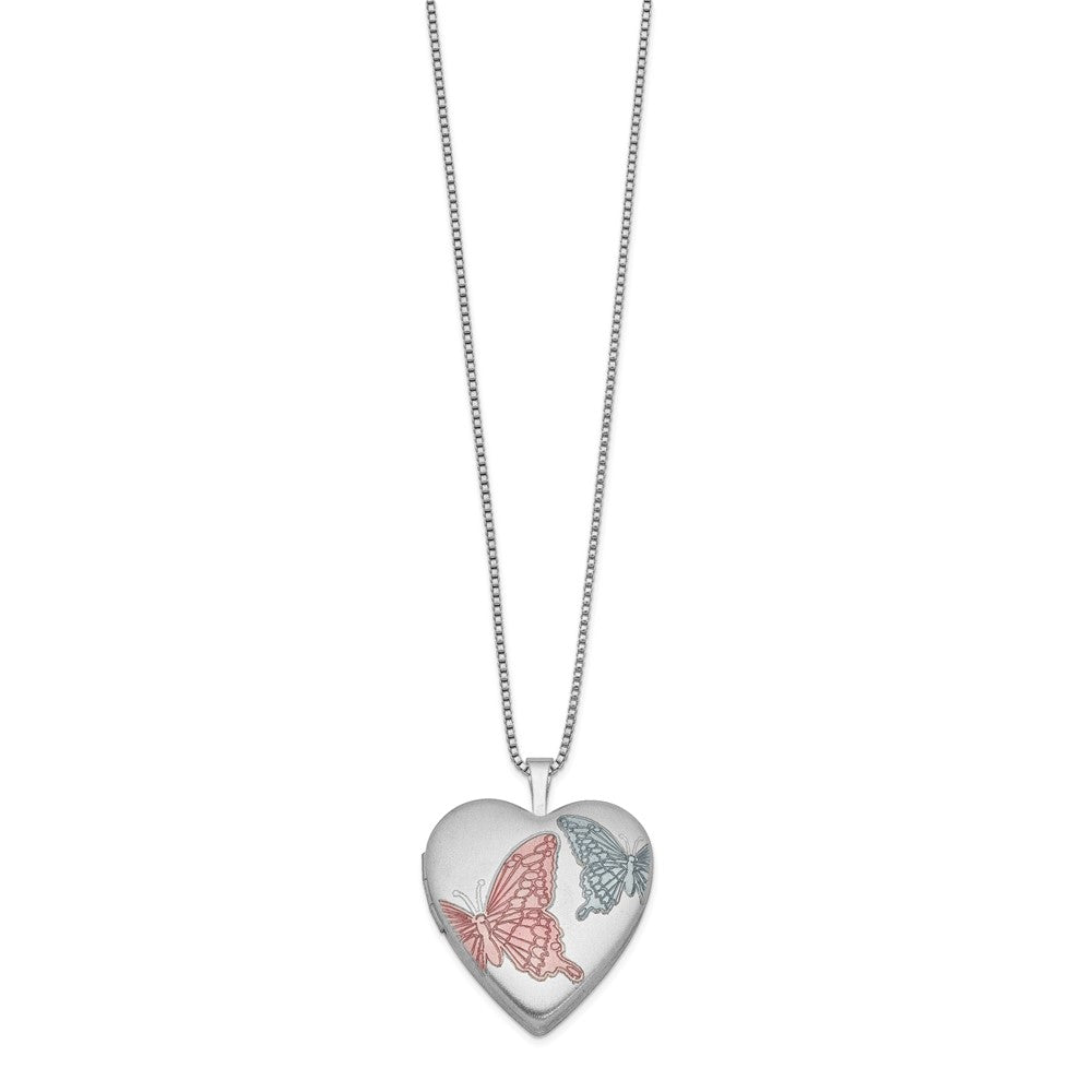 Sterling Silver RH-plated 20mm Enamel Butterflies Heart Locket Necklace 18 Inches