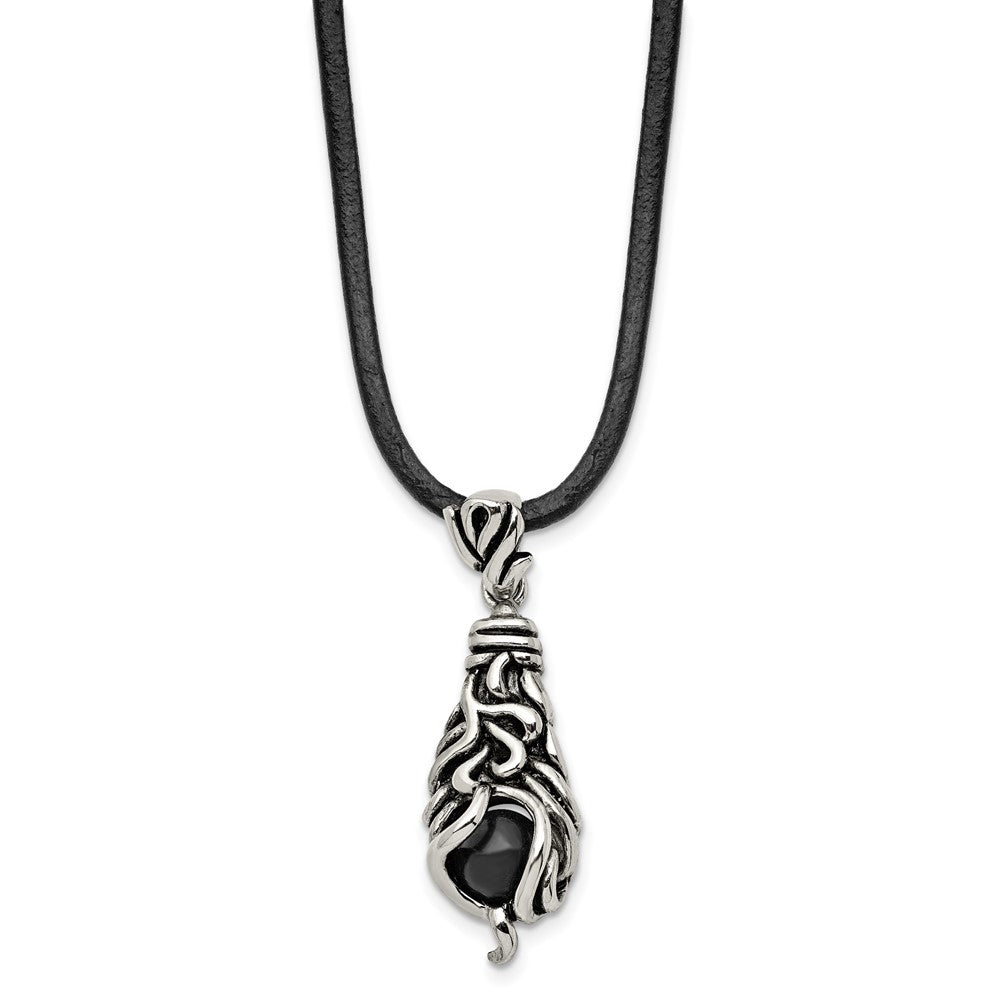 Stainless Steel Antiqued & Polished Moveable Black Agate 20 inch Necklace