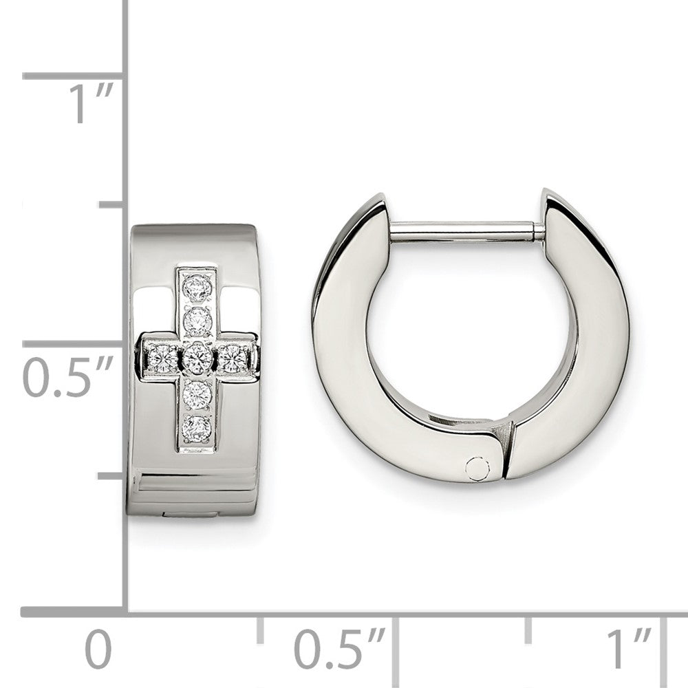 Stainless Steel Brushed and Polished w/CZ Cross 6mm Hinged Hoop Earrings