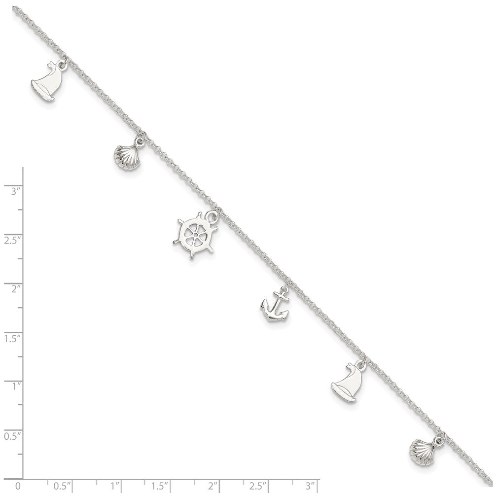 Sterling Silver Polished Ocean Theme 9in Plus 1in Ext. Anklet 9 inches