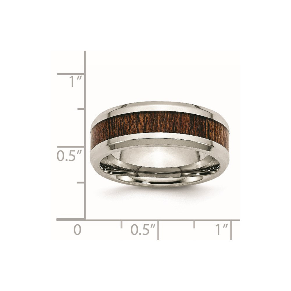 Stainless Steel Polished Brown Koa Wood Inlay Enameled 8mm Band Size - 10