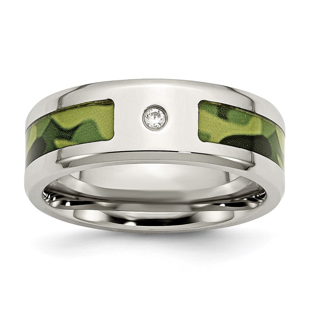 Stainless Steel Polished w/ CZ Printed Green Camo Under Rubber Band Size - 9.5