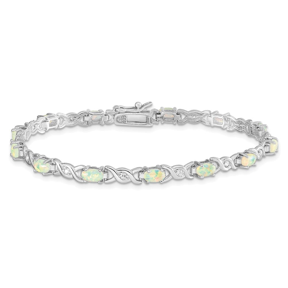 Sterling Silver 7.5inch Rhod-plated White Created Opal and CZ Bracelet 7.5 inches