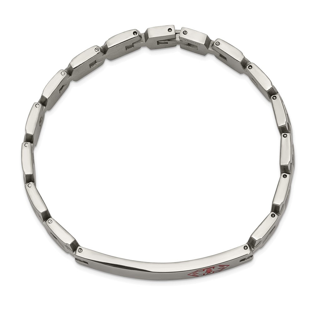 Stainless Steel Brushed & Polished Red Enamel 8in Medical ID Bracelet 8 inches