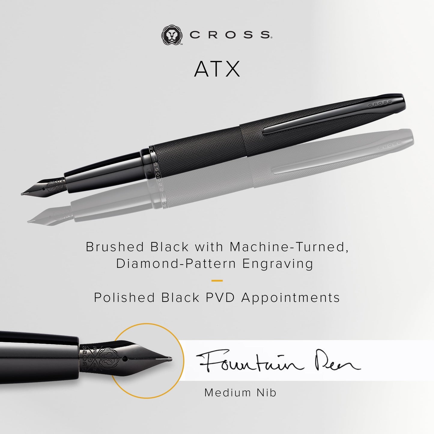 Cross ATX Brushed Metallic Refillable Fountain Pen, Medium Nib, Includes Premium Gift Box - Brushed Black