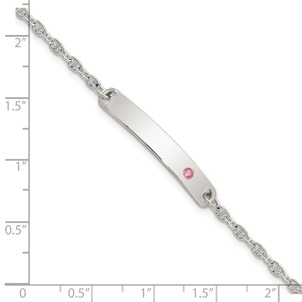 Sterling Silver Polished Childrens ID with Pink CZ Bracelet 5.5 inches