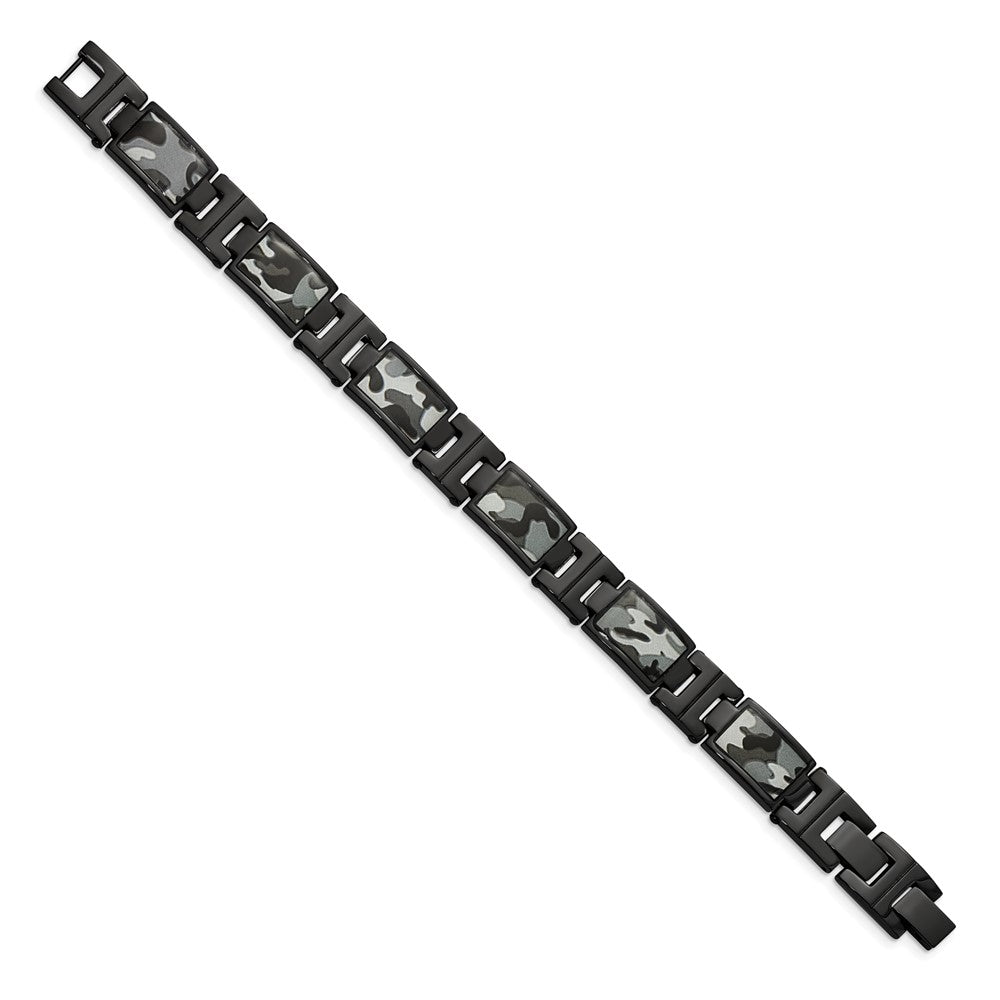 Stainless Steel Polished Black IP-plated Camo 8.5in Bracelet 8.5 inches