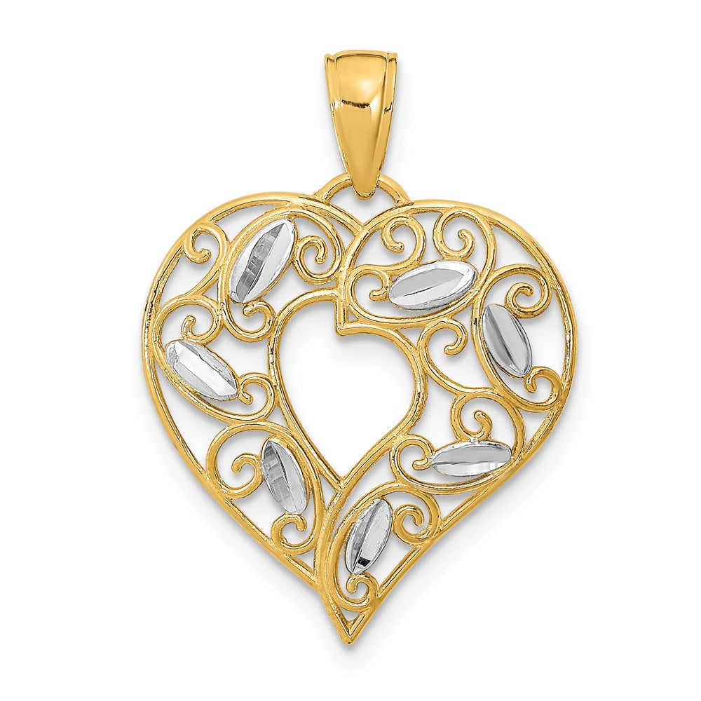 14k w/Rhodium Diamond-cut Filigree Heart Charm